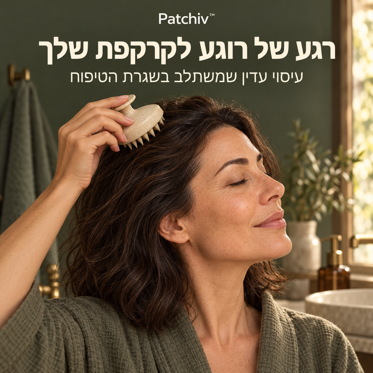 אישה משתמשת במברשת Patchiv לעיסוי עדין של הקרקפת